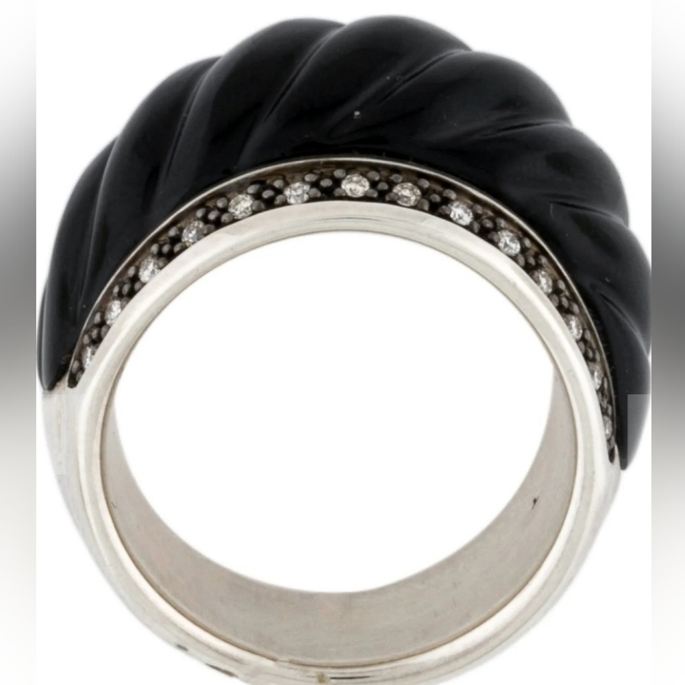 David Yurman Carved Onyx Ring Diamond Domed Sculpted Wide Band Sterling Silver